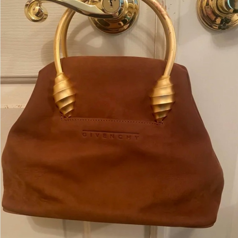 Givenchy Brown Suede Satchel with Sculpted Gold Handles
